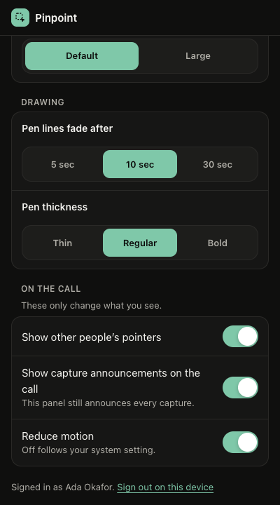 Customise screen in dark mode: switches for other people’s pointers, capture announcements and reduce motion, all on