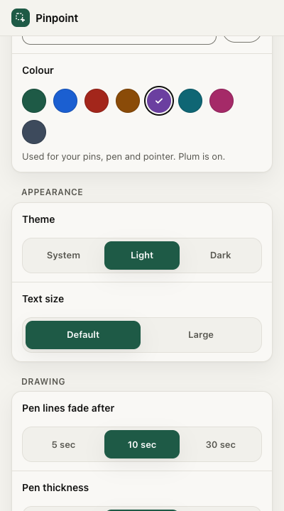 Customise screen in light mode: colour swatches with Plum selected, theme set to Light, pen fades after 10 seconds